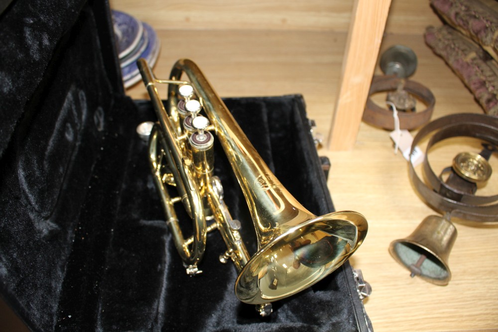 A cased Jupiter brass cornet, numbered JCR-520M, 33cm
